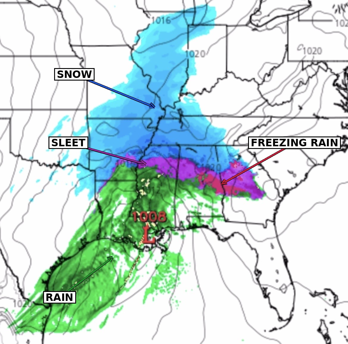 Radar forecast for a winter storm over the central United States