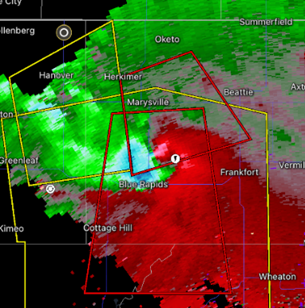 Velocity radar scan of a powerful supercell producing a strong tornado
